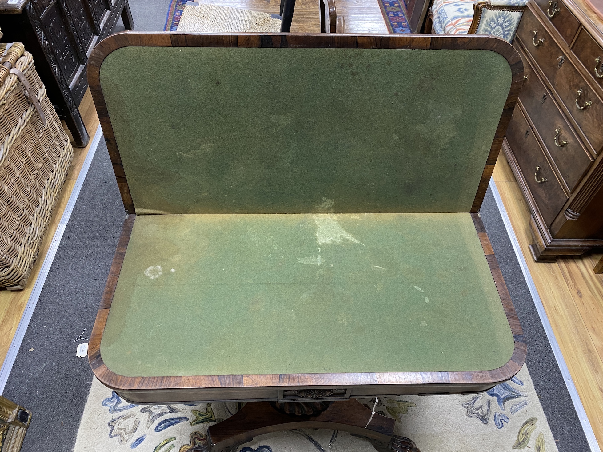 A William IV rosewood folding card table, width 92cm, depth 45cm, height 73cm